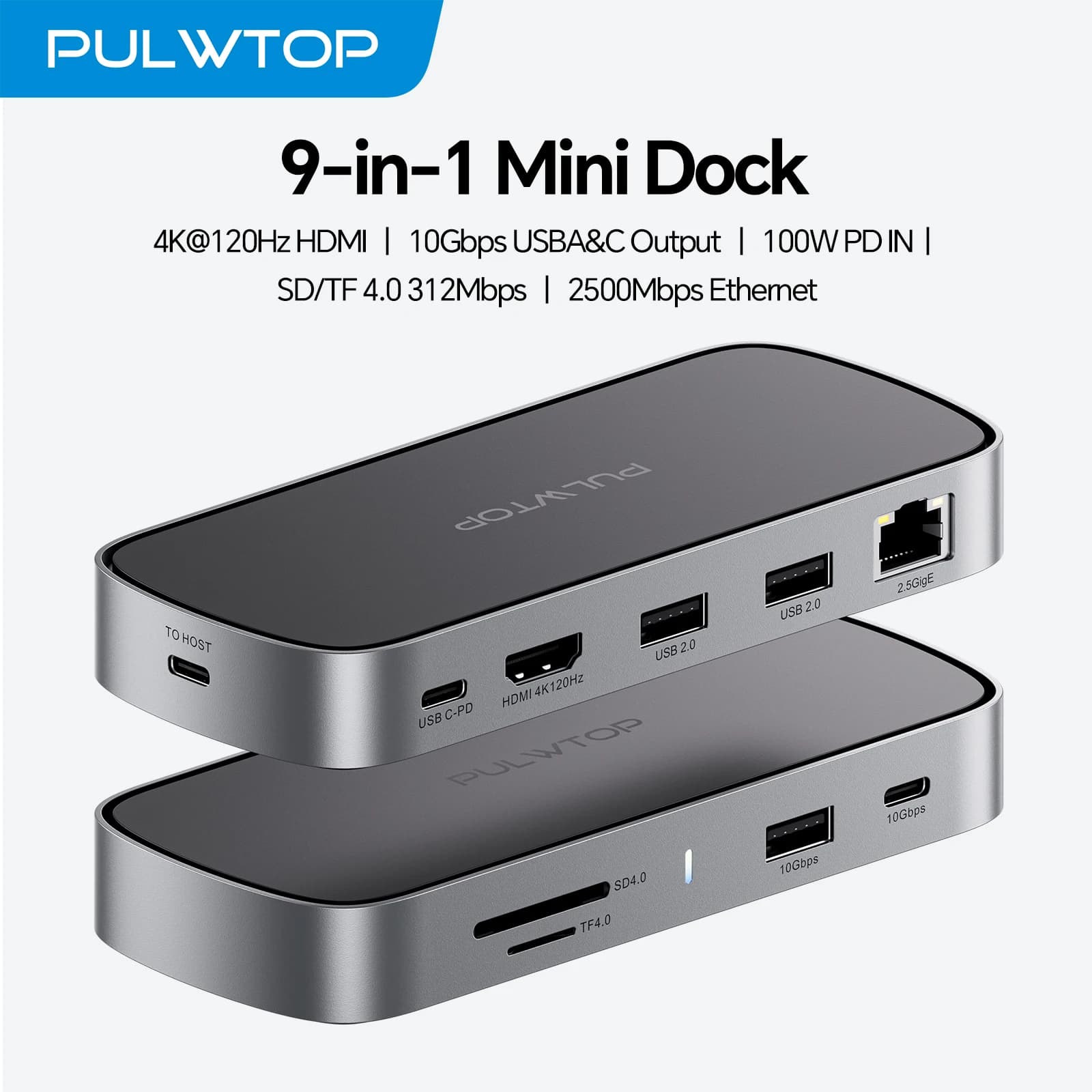 PULWTOP Docking station USB C 9 in 1, mini dock USB C con HDMI 4K@120Hz/8K@30Hz, LAN 2,5G, PD 100 W, USB A/C 10 Gbps, SD/TF