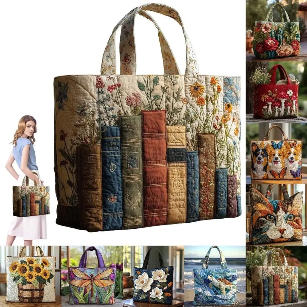 Vintage Women Quilted Tote Bag 3D Printed Patterns Cotton Travel Handbag Lightweight Large Capacity Canvas Shoulder Bag