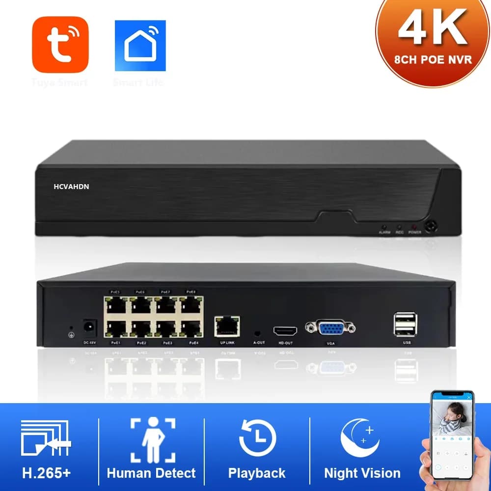 Tuya Smart 4K 8Ch Poe Nvr 8Mp Sistema di sicurezza CCTV Face Detection H.265 + Sorveglianza di rete Registratore audio video Accesso remoto
