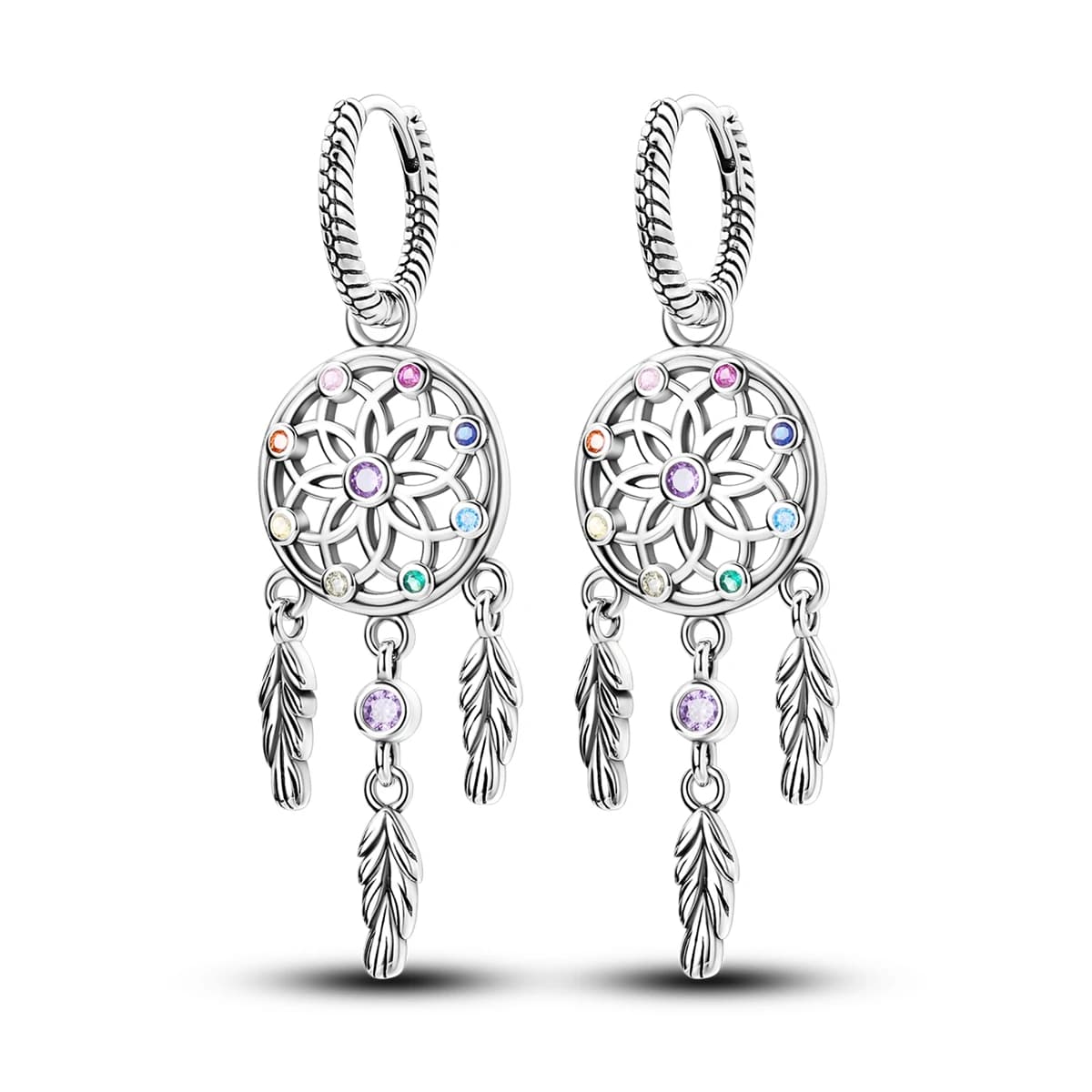 Sterling 925 Sterling Silver Stud Earrings from Woman, with Multicolor Zirconia, Serpent Chain, Huggie Circle Earrings, Feather Nappa, Boho Jewelry