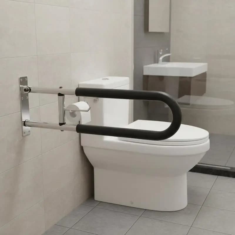 Bathroom Security Handrail 30 Inch U-Shaped For Toilet Shower Bathtub, Foldable Design Flip Up Mechanism Senior Safety Support Paper Holder Steel Construction 300 Lbs Load Capacity White Finish Vertical Horizontal Support Accessory
