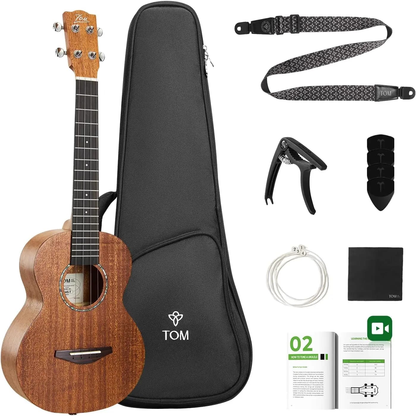 26 Inch Tenor Ukulele with Solid Mahogany Top, Quick Locking Strap, Pro Grade Deep Tone Strings, Full Beginner Kit Includes Padded Gig Bag for Kids and Adults