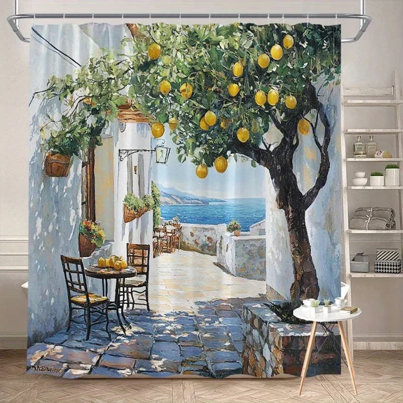 Waterproof Shower Curtain Featuring Mediterranean Street Scene with Lemon Tree and Ocean View for Elegant Bathroom Decor