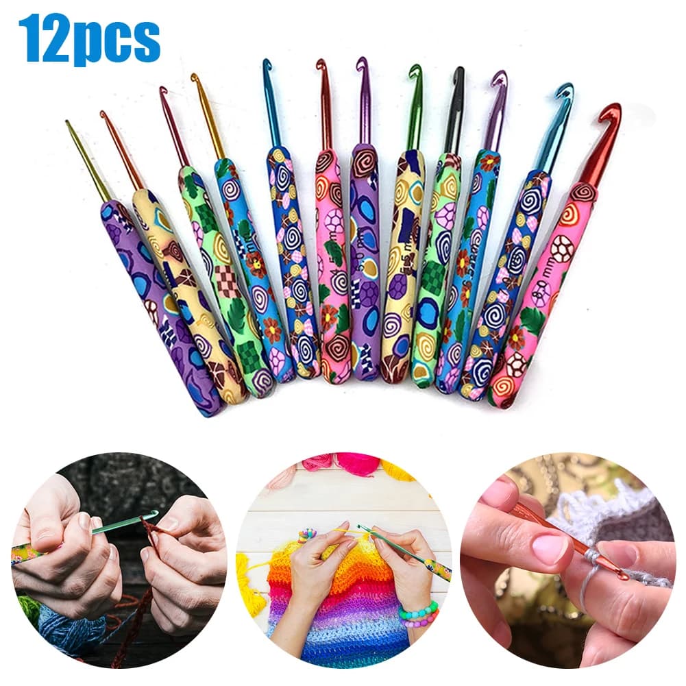 12 pezzi manico in ceramica colorata allumina uncinetti ferri da maglia Set cucito all'uncinetto per tessere aghi da cucito strumento fatto a mano