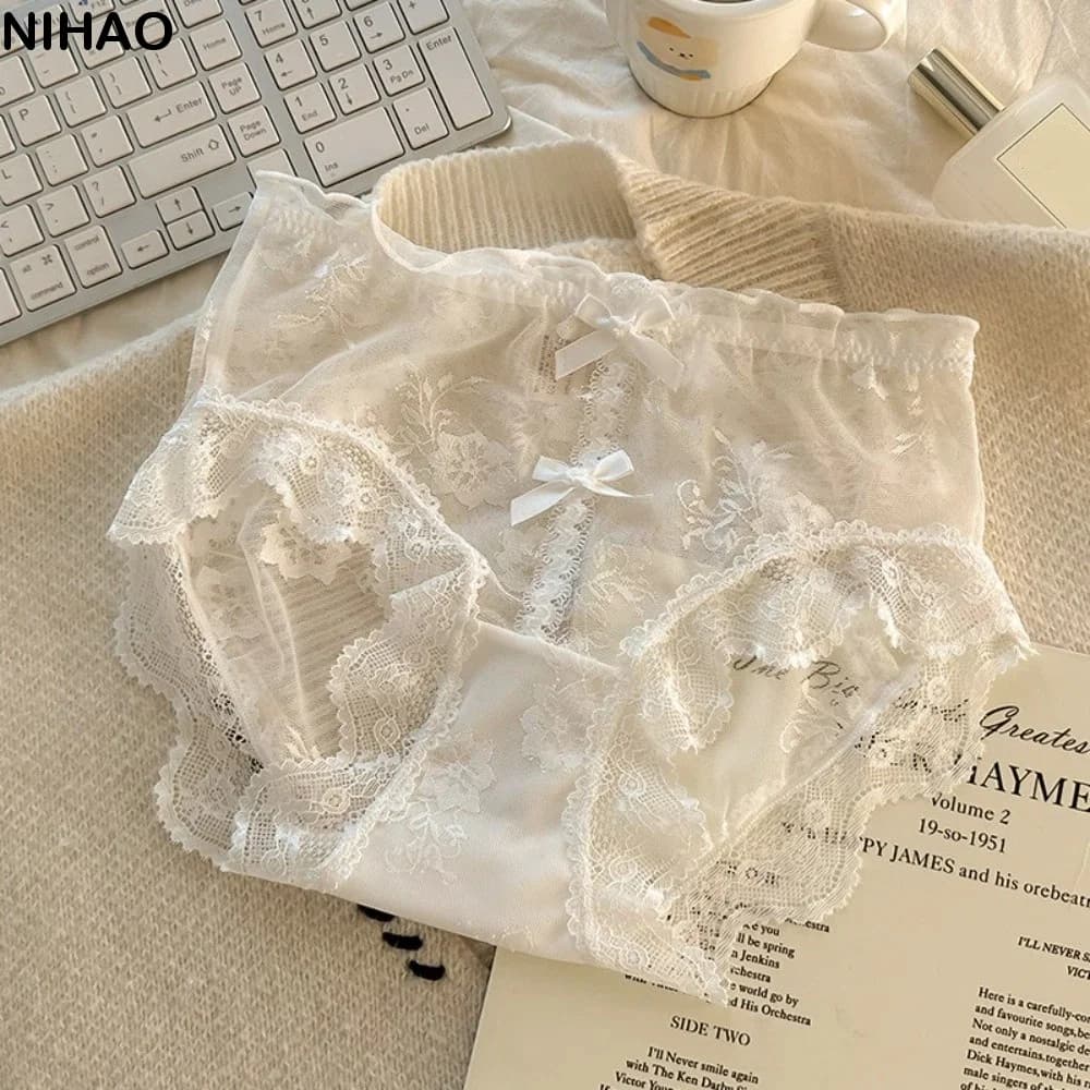 Breathable Cotton Crotch Sweet Lace Panties Mesh Transparent Underwear for Women Mid Waist Bow Lace Flower Briefs Lady