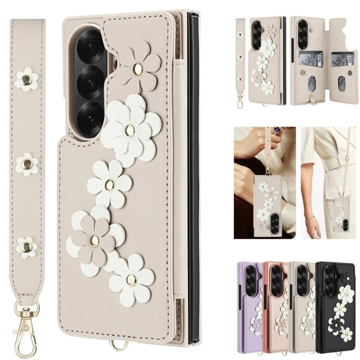 Custodia in pelle a portafoglio con chiusura a fiore con rivetto a catena lunga e corta a tracolla per Samsung Galaxy Z Fold 7 6 5 4 5G Custodia per slot per carte