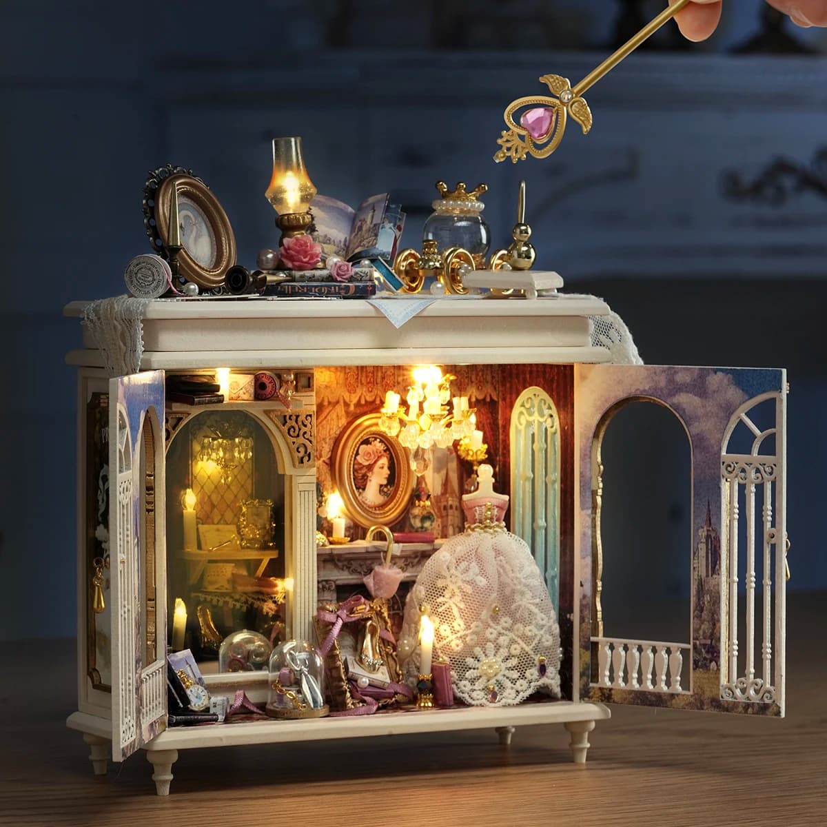 Moonlight Fantasy Mini 3D Puzzle Assembly Model Dollhouse Kit DIY Handmade Toy Bookshelf Set, Wooden Crafts Girl Birthday Gift