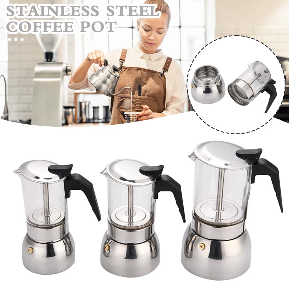 Caffettiera Moka in acciaio inossidabile Macchina per caffè espresso in vetro Caffettiera per latte Caffettiera Moka con piano cottura 200/300/450ML