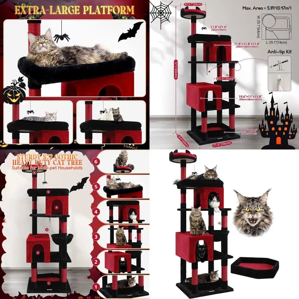 Torre per Gatti Stile Gotico da 72 Pollici con Letto a Bara, Adatta per Gatti Oltre 9 kg, con 6 Tiragraffi e Amaca, Blu