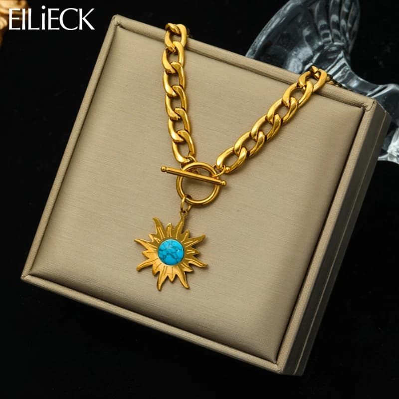 316L EILIECK Stainless Steel Sun Green Stone Pendant Necklace for Women Fashionable Girl Punk with Chain Thick Jewels Lady Gift Party
