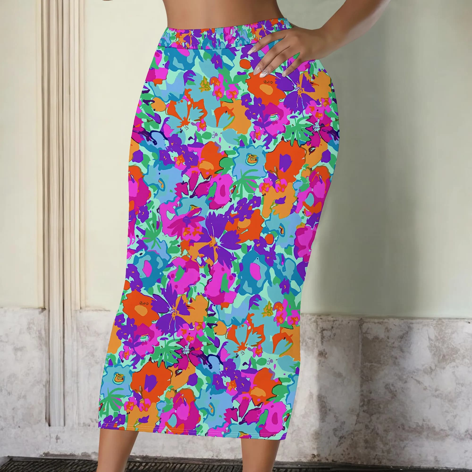 Gonna con stampa floreale vivace, gonna a tubino con fiori colorati, gonna midi con arte astratta, gonna estiva alla moda da donna, S-2XL