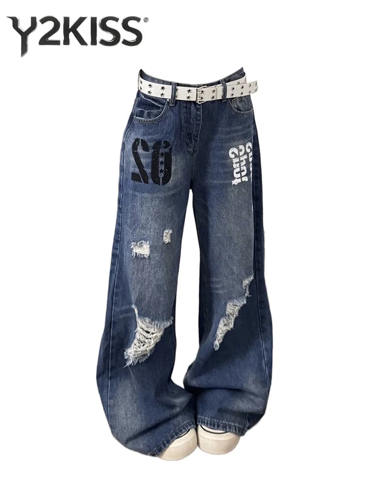 Summer Women's Baggy Jean Punk Ripped Denim Pants Boyfriend Wide Fit Y2K Japanese Harajuku 2000s American Retro Grunge Tide Blue
