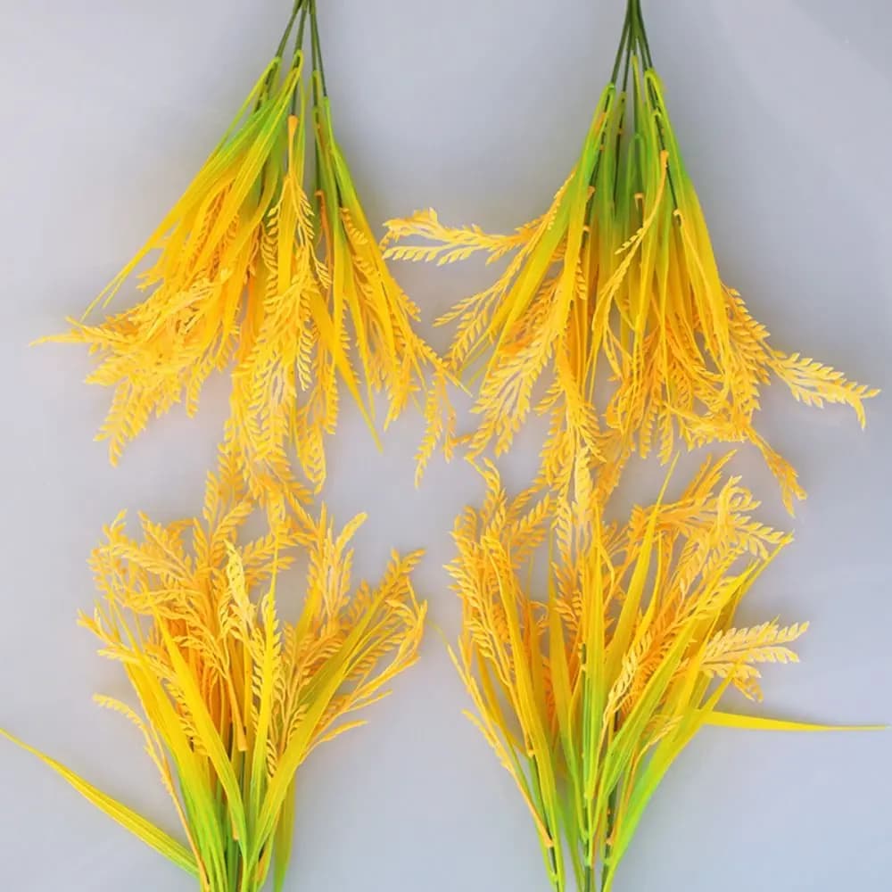 7 Forks Artificial Wheat Ears Rice Plant Bouquet Yellow Flower Non Water Needed Wheat Ears Rice Plant Branch Realistic Plastic