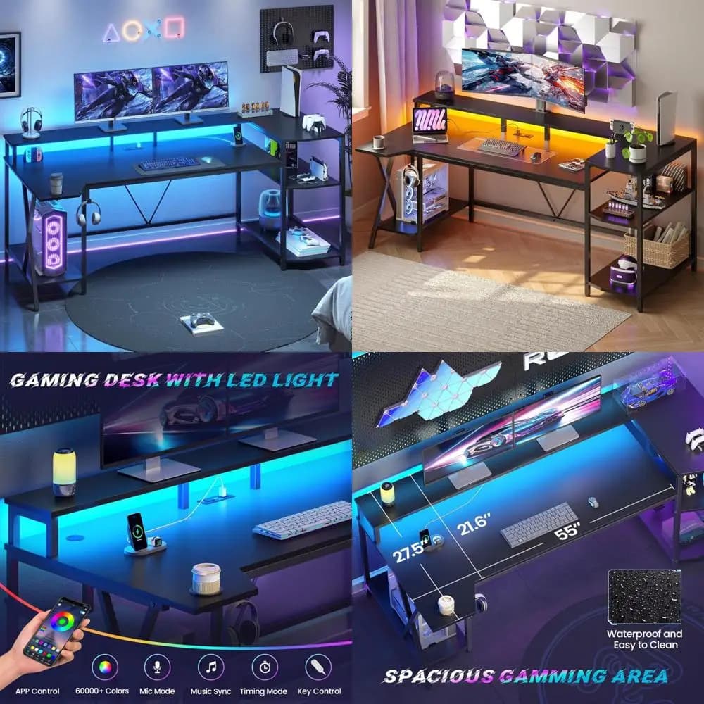Large LED illuminated gaming desk with support for storage and monitor, computer desk with power sockets and cup holders