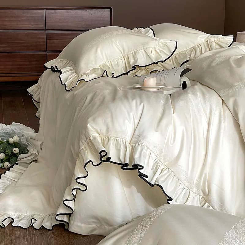 Cream White Ruffle Bedding Set Black Edge Lace Jacquard Duvet Cover Set Luxury Cotton Bed Sheet Pillowcase 4Pcs Home Textile
