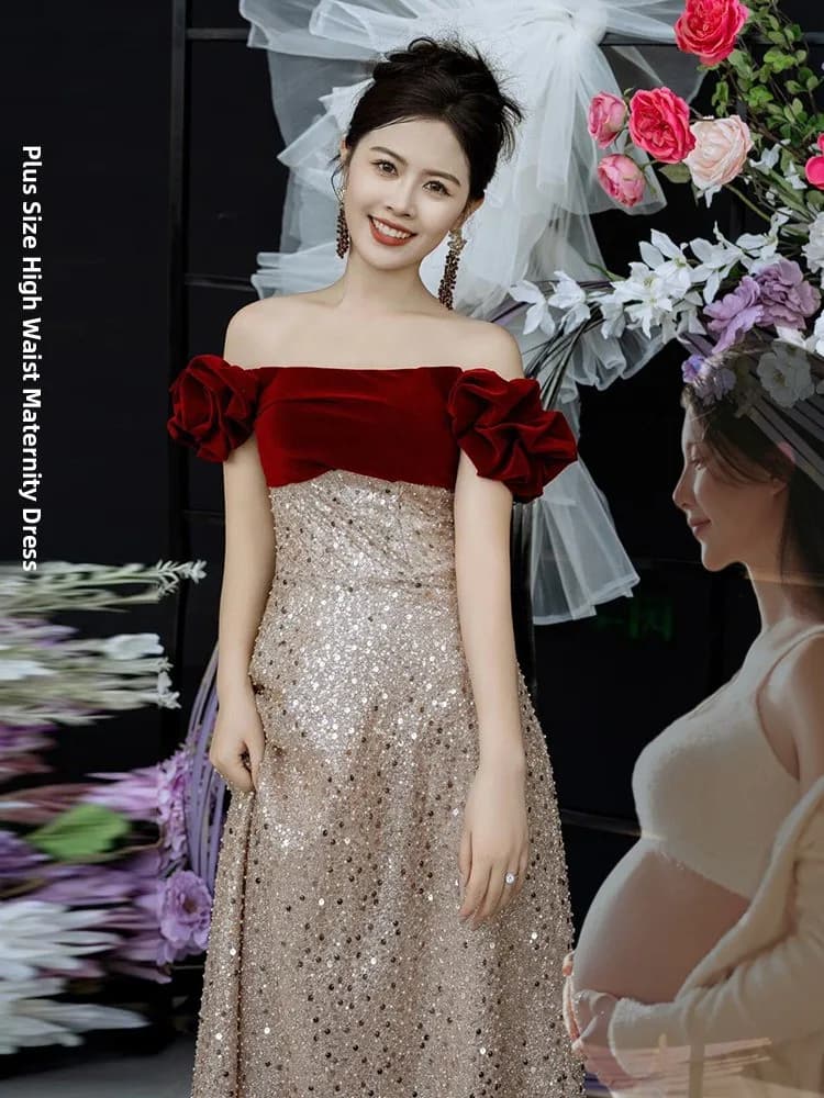 Elegant Sequin Bridal Dress High Waist Conceals Belly Perfect for Engagement Return Home Ceremony Long Evening Gown