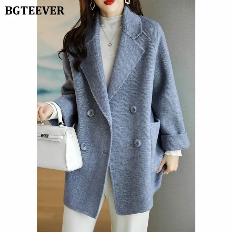 BGTEEVER Giacca di lana da donna elegante a maniche lunghe con tasche larghe Autunno Inverno Giacche femminili spesse con risvolto elegante