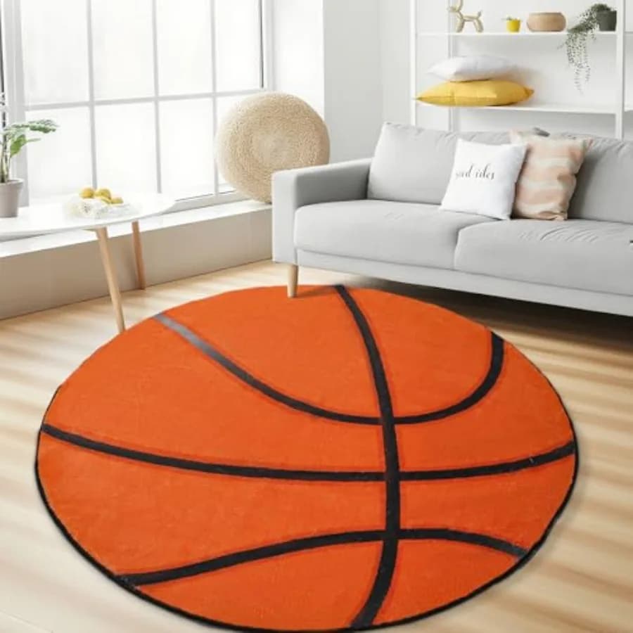 Tappeto Rotondo a Tema Basket 4ft, Morbido e Lavabile, con Base Antiscivolo, per Camera da Letto, Soggiorno e Sala Basket