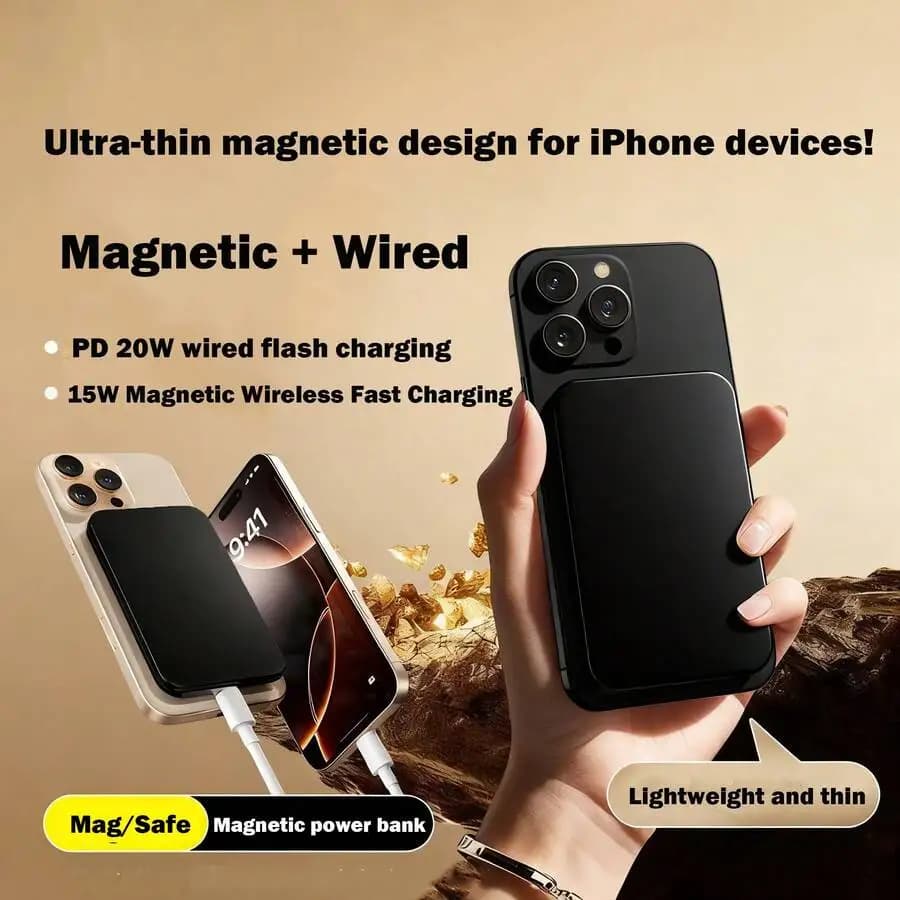 Power bank magnetico wireless ultra sottile da 10000mAh, design a ricarica rapida, perfettamente compatibile con le serie iPhone da 12 a 17.