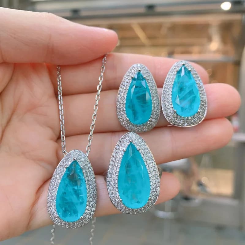 Popular set of necklace and earrings with large drop pendant in fake Paraiba, European and American style, main stone 10*20