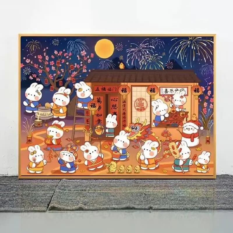 9CT 100X75CM New Year Rabbits Cartoon Needlework,DIY Living Room Printed Cross Stitch,Set For Embroidery Kit Full Cotton Threads