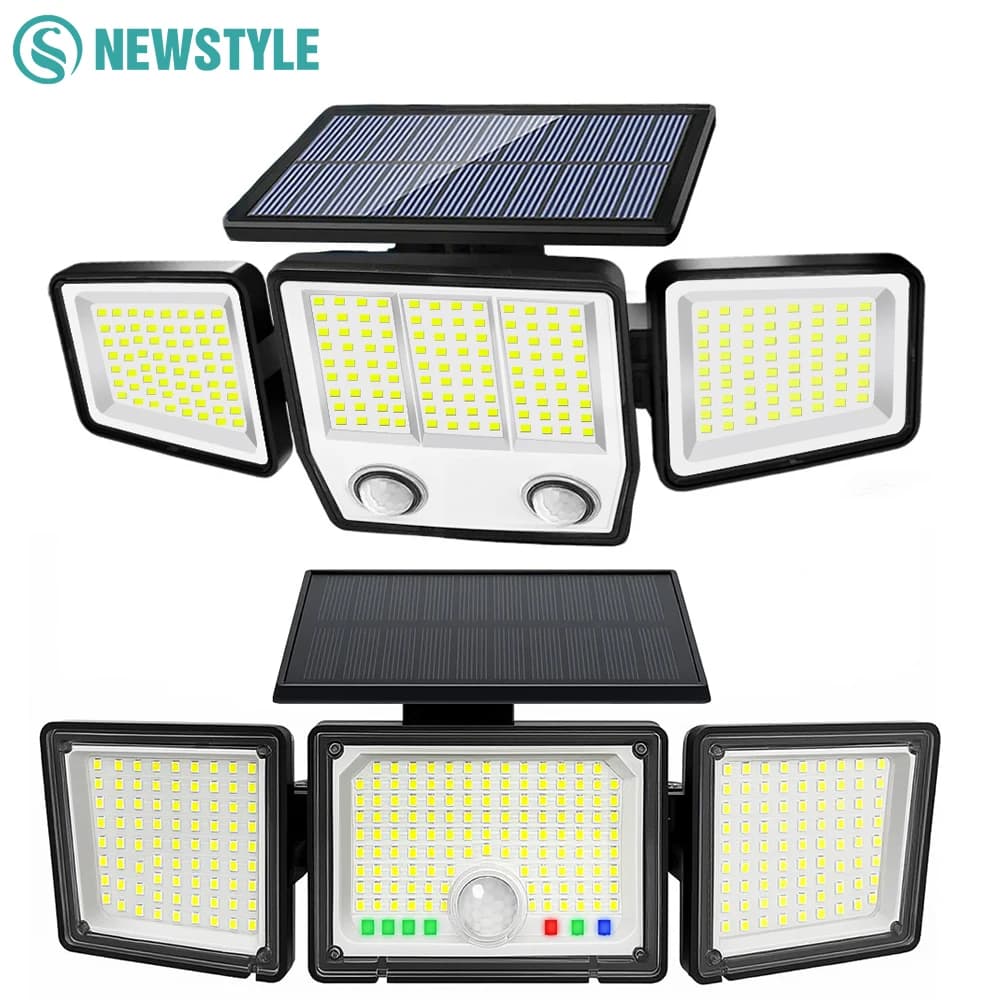 Luci Solari da Esterno a 3 Teste con Sensore di Movimento 286/236 LED, Fari di Sicurezza Impermeabili a 3 Modalità, Lampada da Parete per Giardino, Patio, Cortile