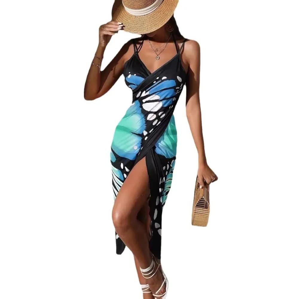 Wrap Design Butterfly Swimsuit Cover Up Midi Length Butterfly Print Beachwear Wrap Dress Flowy Lightweight Fabric