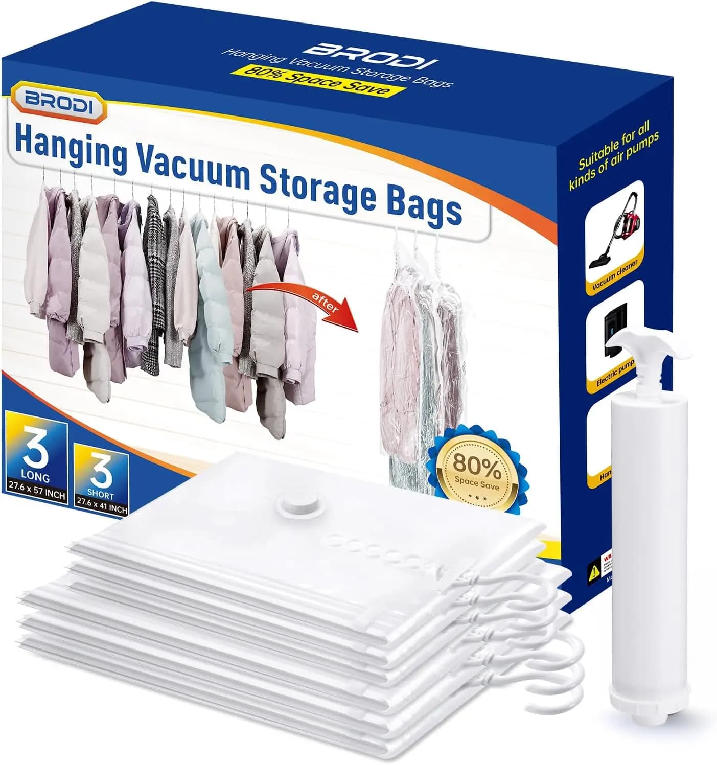 Hanging Vacuum Storage Bags for Clothes with Hand Pump, 6 Pack Space Saver for Coats, Suits, Jackets