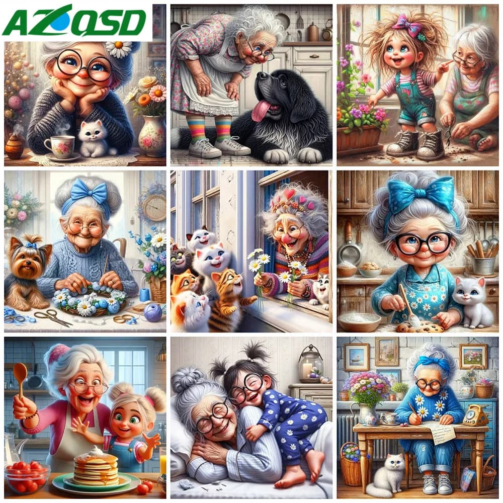 AZQSD 5D DIY Diamond Painting Portrait Grandma Kits Drill Embroidery Old Lady Rhinestone Pictures Mosaic Animal Home Decor