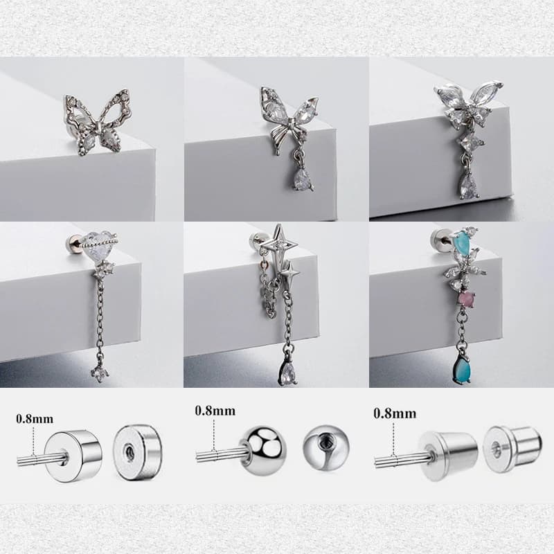 Hypoallergenic 20G surgical titanium pin earring in heart shape and butterfly, with cubic zircone and flat screw closure, for helice cartilage piercing