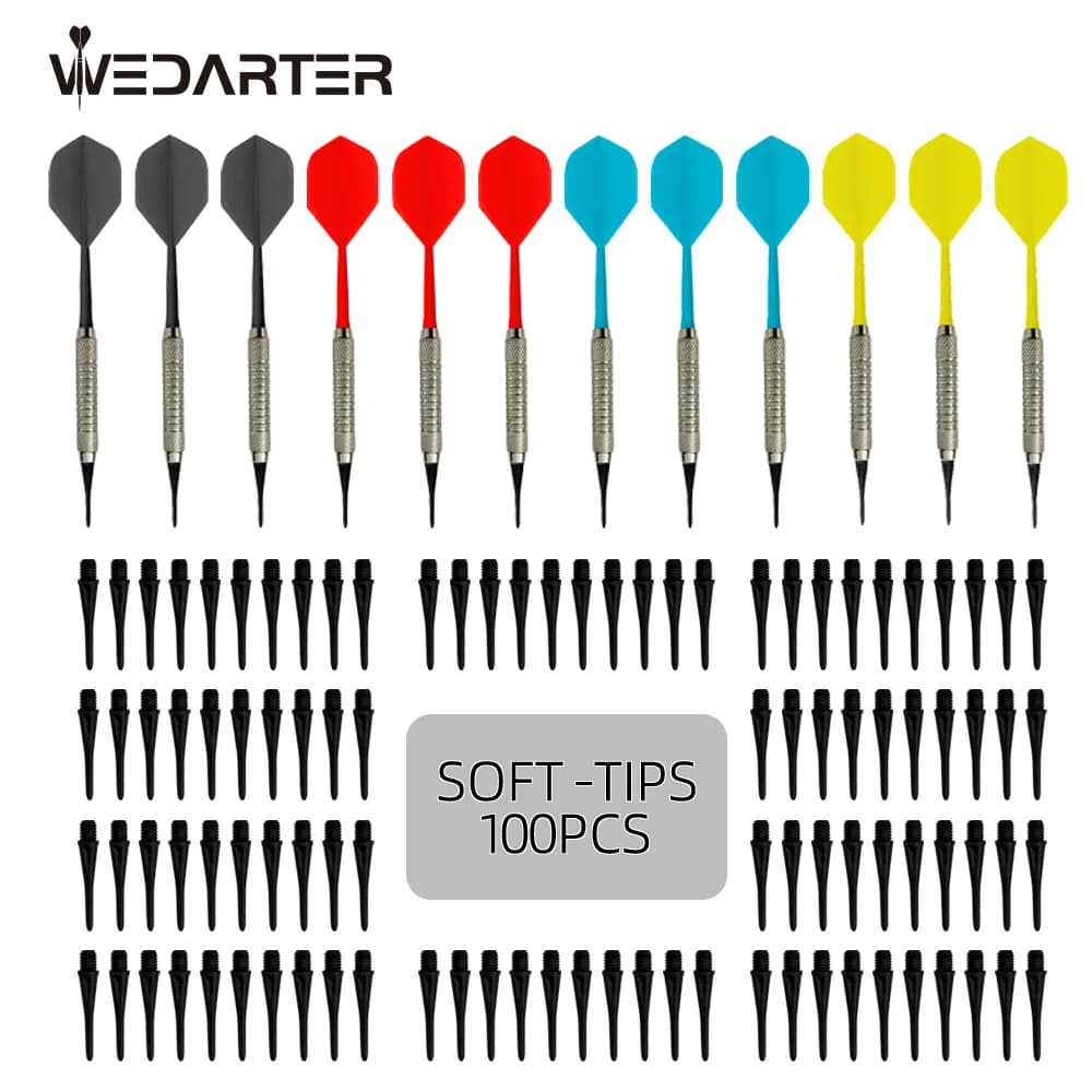 WEDARTER Darts 12Pieces 14g Darts Set Soft Plastic Tip Plastic Barrels Iron Nickel Plated Shaft Plastic Flight with 100 Tips