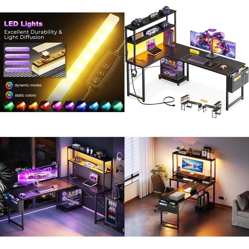 Scrivania a L da 61 Pollici con LED, Scrivania da Gaming Reversibile, Prese di Corrente, Ripiani Portaoggetti, Gancio per Borsa e Ferro da Stiro, Adatta per Ufficio Domestico, St