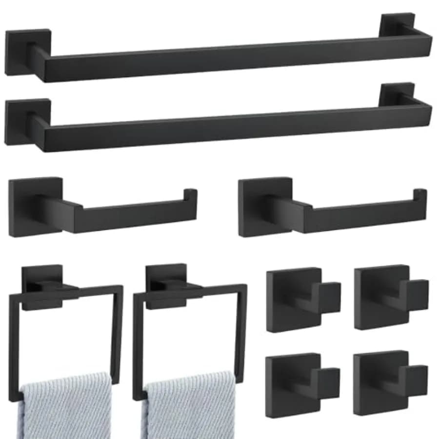 Set di Accessori per Bagno in Nero Opaco, 10 Pezzi, Set Portasciugamani, Set Porta Asciugamani per Bagno in Acciaio Inox SUS304 da Parete