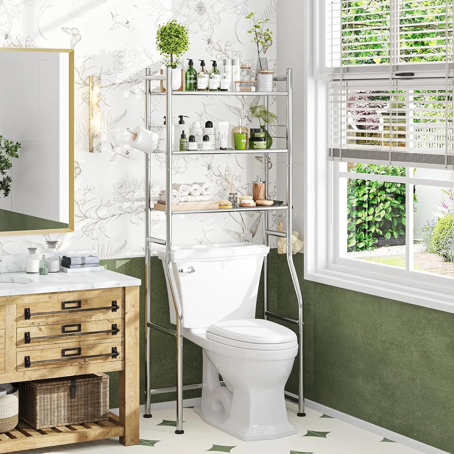 Scaffale a 3 livelli da posizionare sopra il WC con 4 ganci e porta carta igienica, organizer da bagno cromato salvaspazio