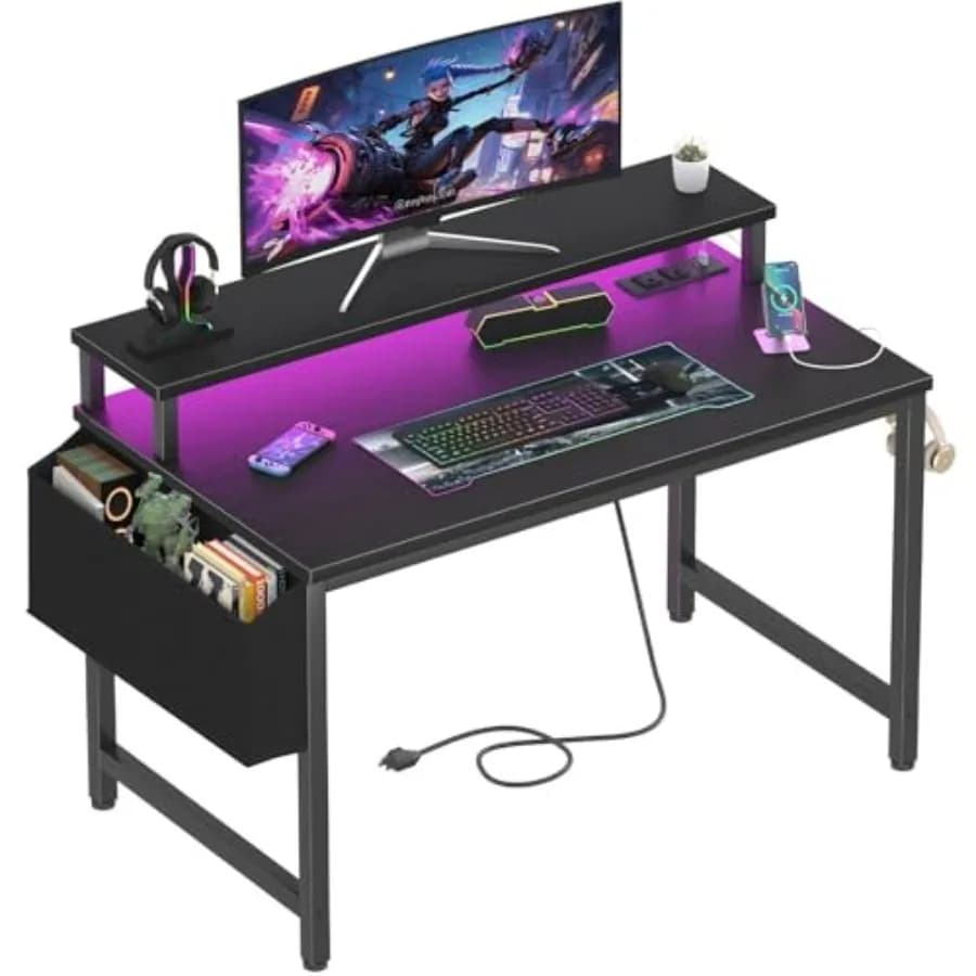 Piccola Scrivania con Prese di Corrente e Luci LED, Tavolo da Studio per Adolescenti da 32 Pollici, Scrivania per Computer da Casa e Ufficio con Supporto per Monitor