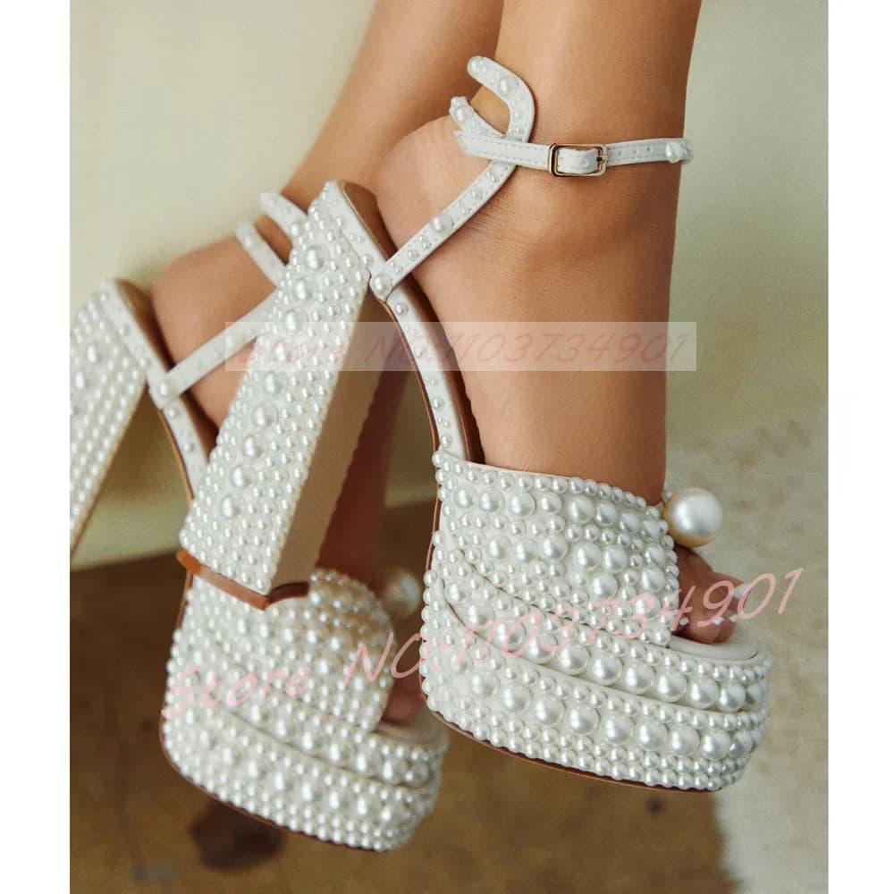Women's Platform Sandals with White Pearls, Ankle Strap with Buckle, Open Tip, Sandals with Wide Heel, Luxury Lolita, Wedding Party
