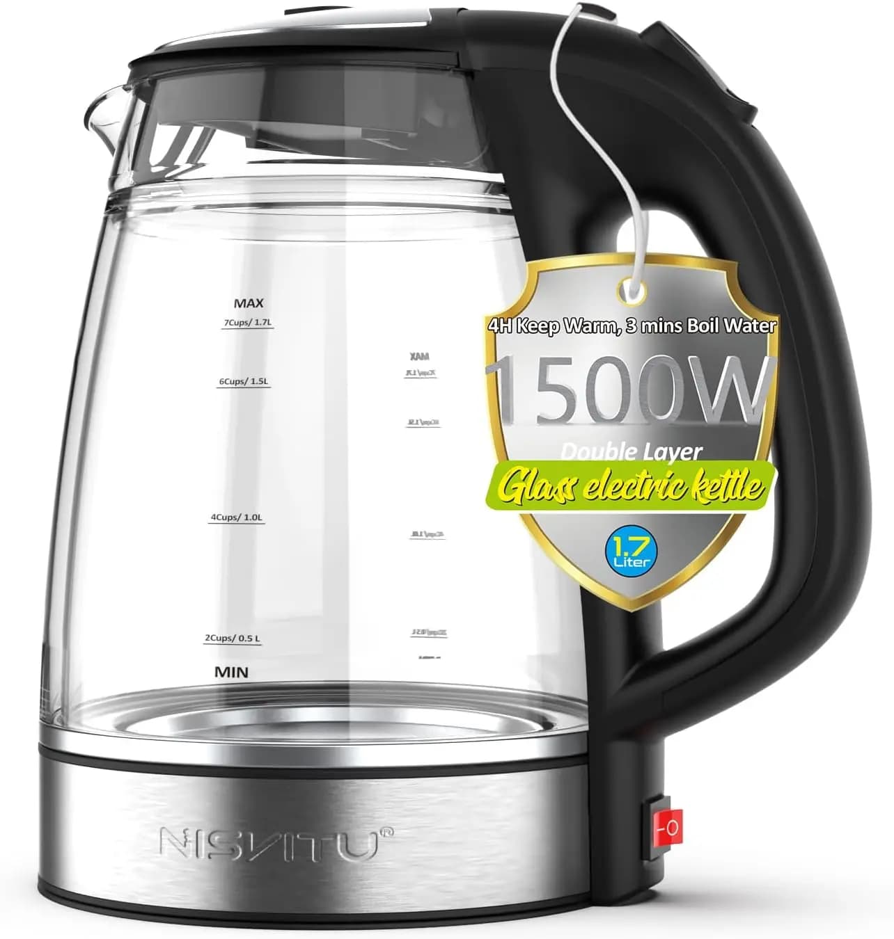 Glass and stainless steel wireless electric kettle, 1500W, 1.7L, automatic shutdown, protection against dry boiling