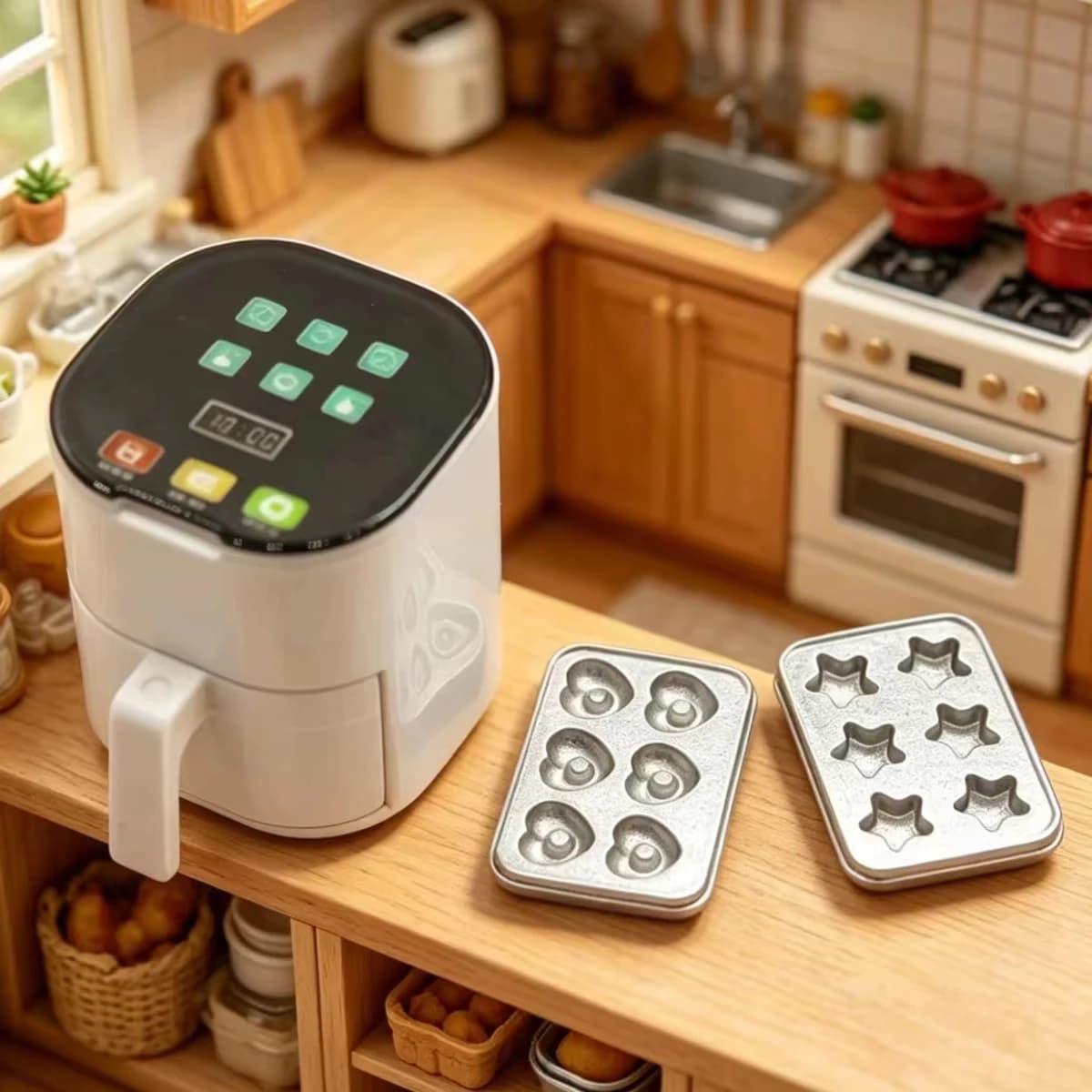 Doll House Mini Air Fryer 1:12 Miniature Kitchen Decoration with Heart Star Metal Baking Tray Dollhouse Accessories