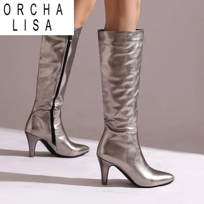 ORCHA LISA 2024 Fashion Knee High Boots Female Pointed Toe Thin Heels 8.5cm 46 47 Sexy Party Long Bota
