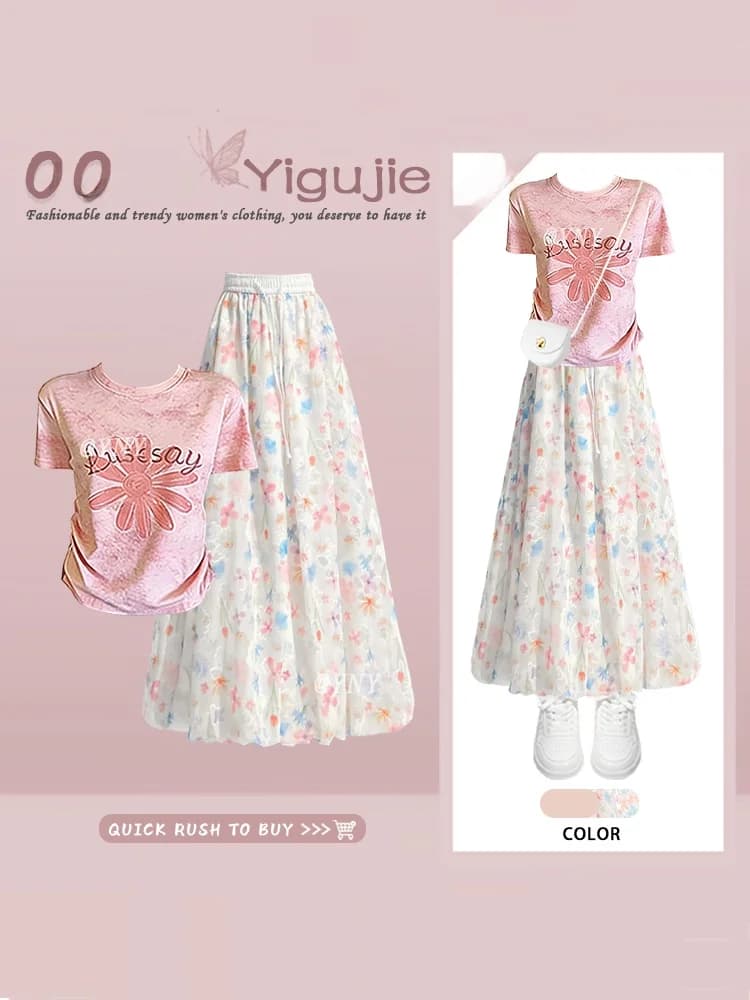 Top estivo a maniche corte con scollo rotondo e gonna floreale, completo da due pezzi, outfit casual alla moda da donna