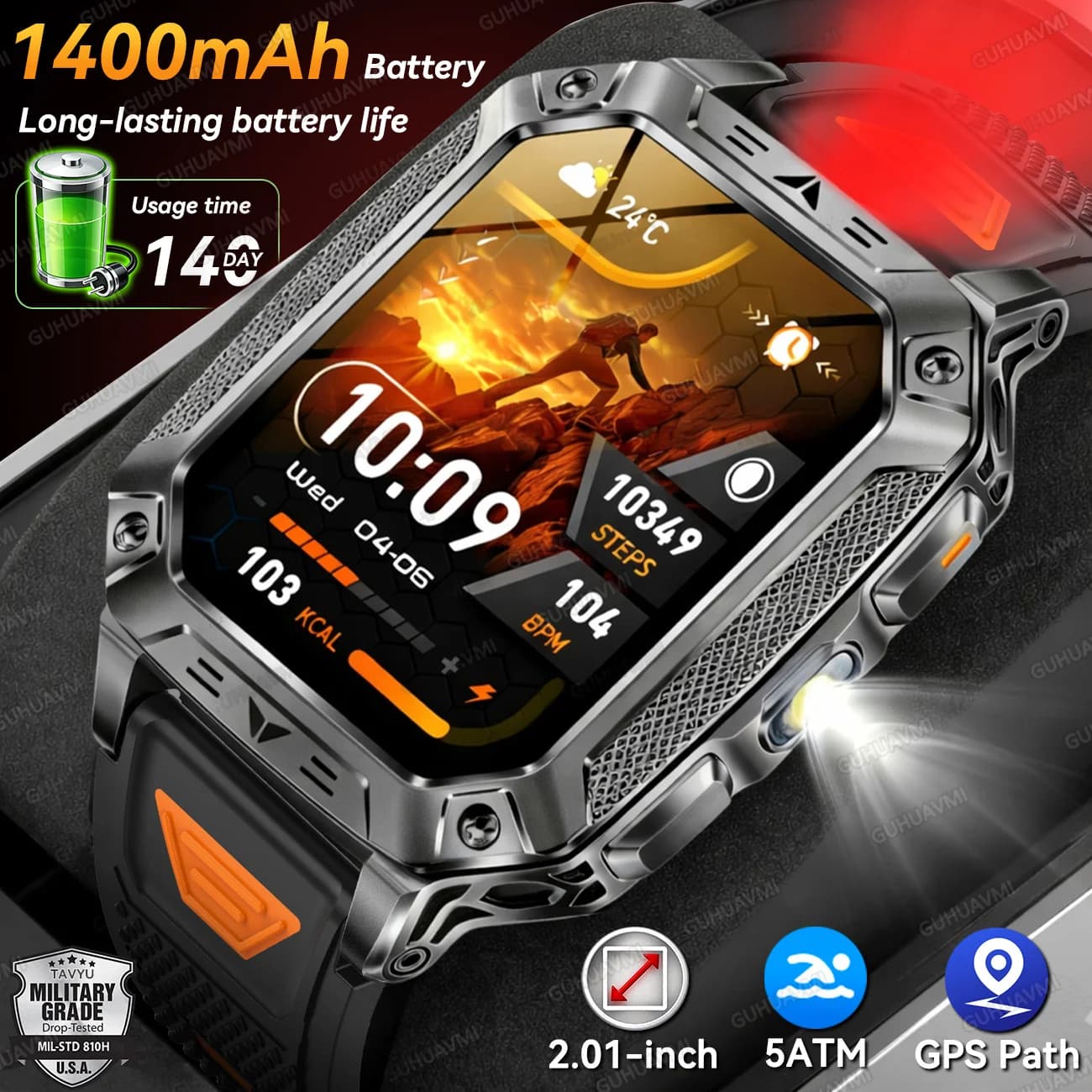 Smartwatch con Batteria Ultra-Capacitiva da 1400mAh, Schermo AMOLED da 2,01'', Impermeabile 5ATM, Lampada Bicolore, GPS, Orologio Intelligente Militare 2026