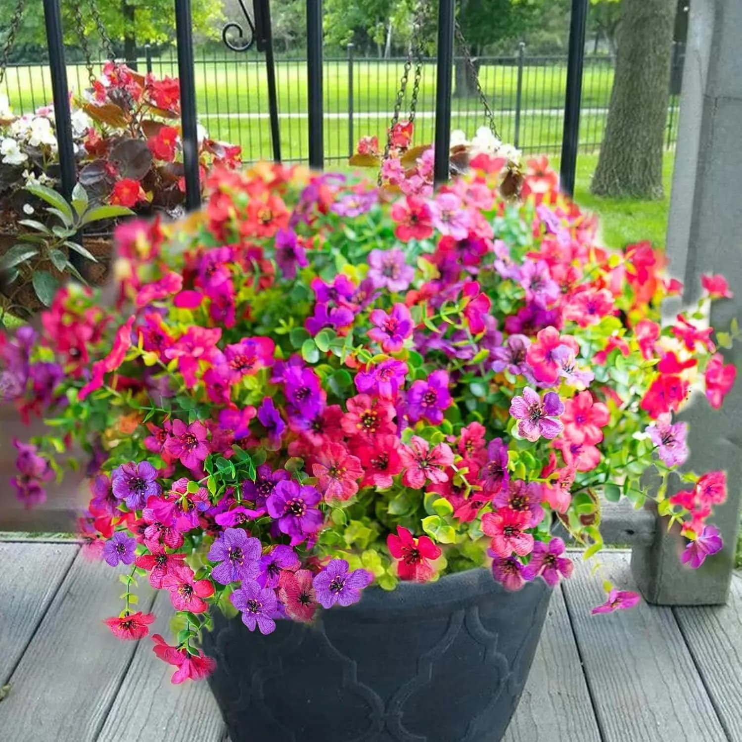 24 Bundles UV-Resistant Artificial Flowers for Outdoor Decor, Fade-Proof Fake Plants for Garden, Porch, Window Box (Fuchsia+Rose Red)