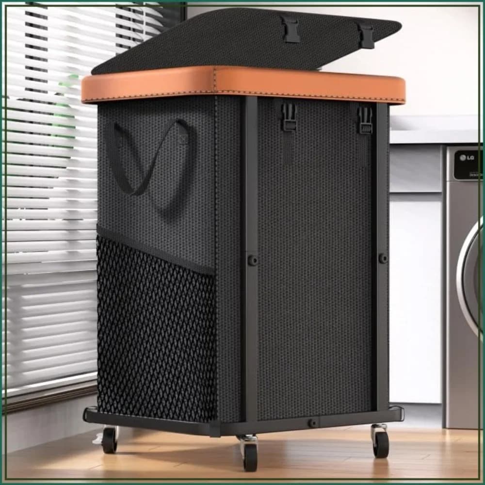 150L Large Laundry Basket with Wheels, Leather Patchwork Rolling Hamper, Sturdy Metal Frame, Removable Washable Bag, Tall Clothes Sorter for Bedroom, Laundry Room