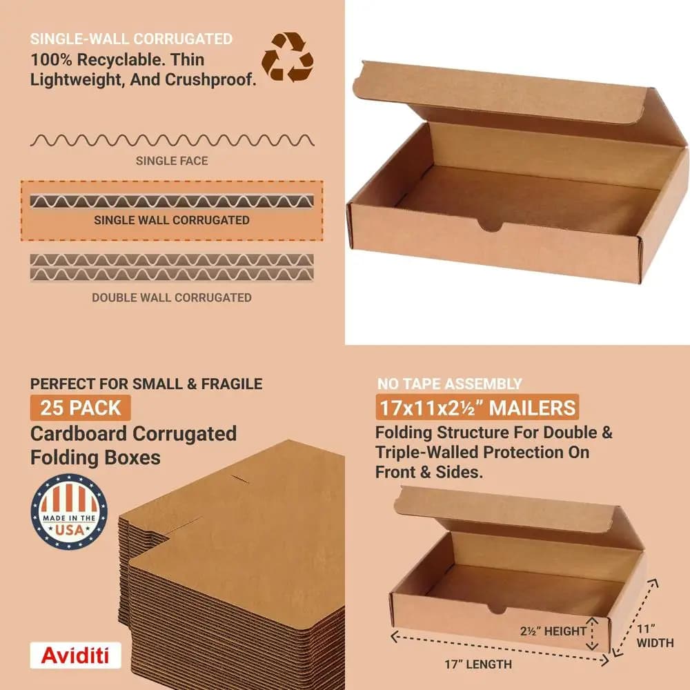 Boxes of Medium Cardboard for Shipping, Pack of 25, 17x11x2.5 Inches, Ideal for Packing, Transfer and Storage