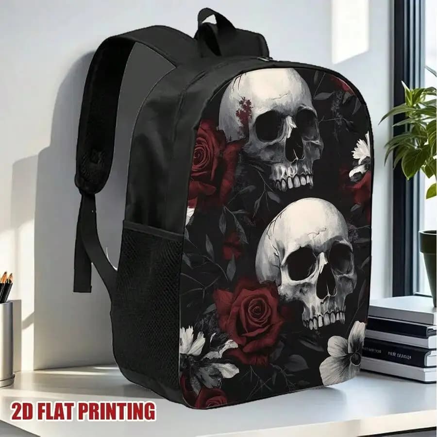 Zaino Gotico con Teschio e Motivi Floreali, Nero Rosso Bianco, Leggero in Poliestere, Borsa da Viaggio Quotidiana con Chiusura a Cerniera
