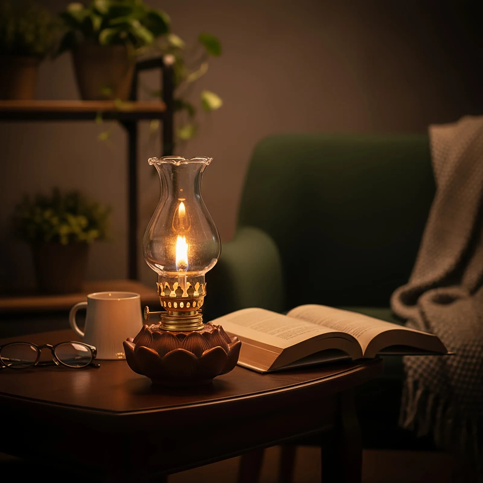 Lampada a Olio Vintage in Ceramica a Forma di Loto, Antivento, con Paralume in Vetro, Stoppino Regolabile, per Campeggio, Illuminazione Interna ed Esterna