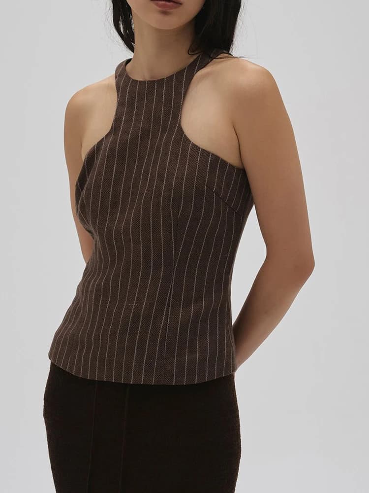 Sexy Linen Stripe American Style Vest Brown Tight Women's Underwear Short Japanese Style round Neck Zipper ...