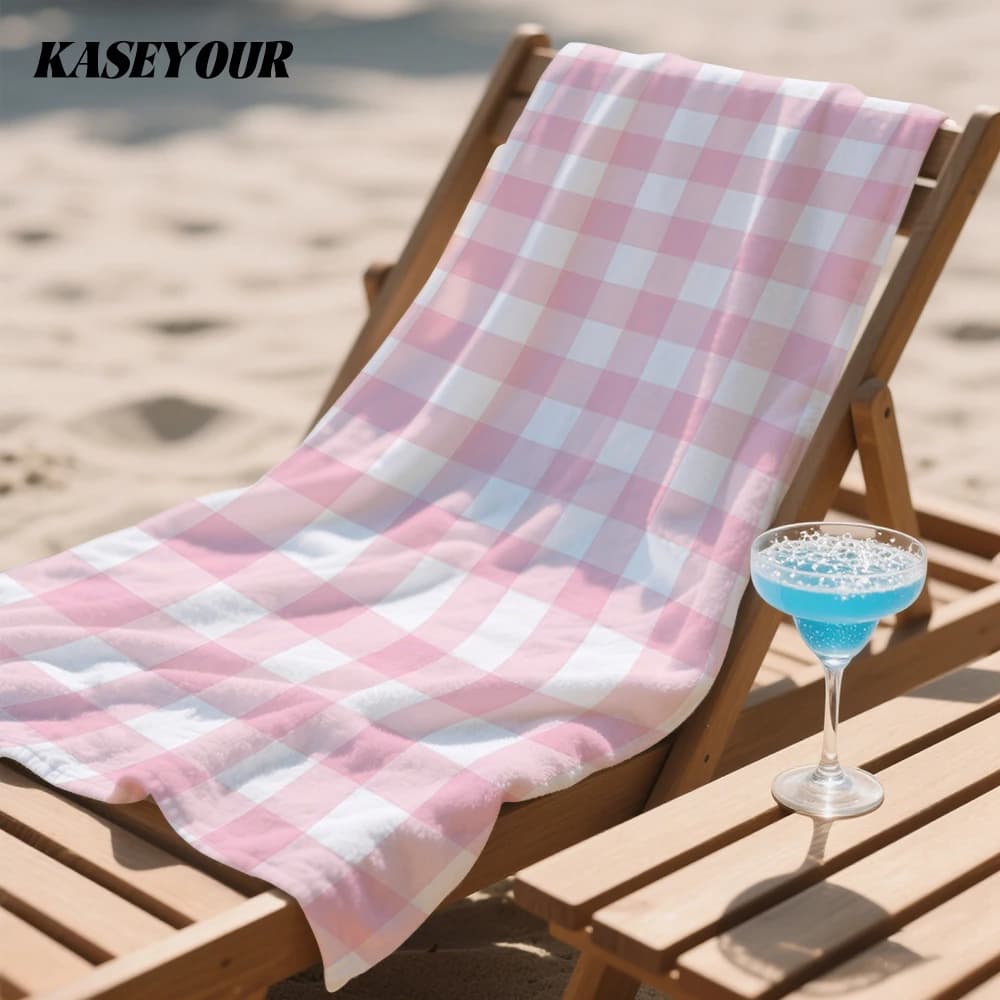 Pink & White Gingham Compact Travel Beach Towel Super Absorbent Sand Resistant, Microfiber for Swimming Camping Yoga