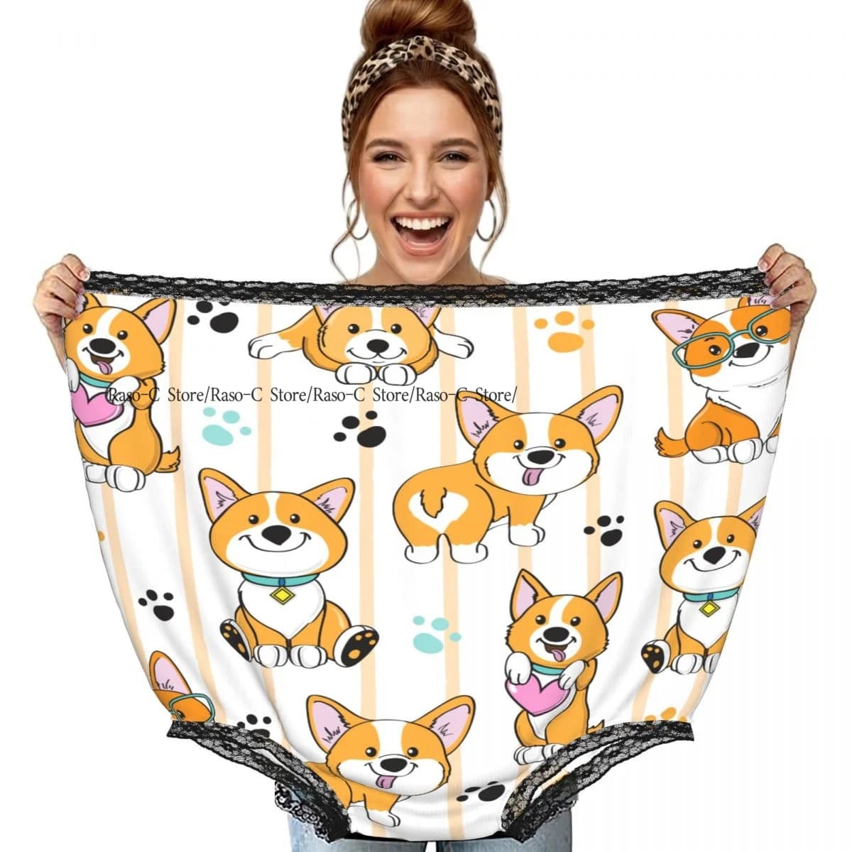 Simpatico cane Corgi su un motivo a righe, biancheria intima da nonna, scherzo interessante, regalo divertente, mutandine