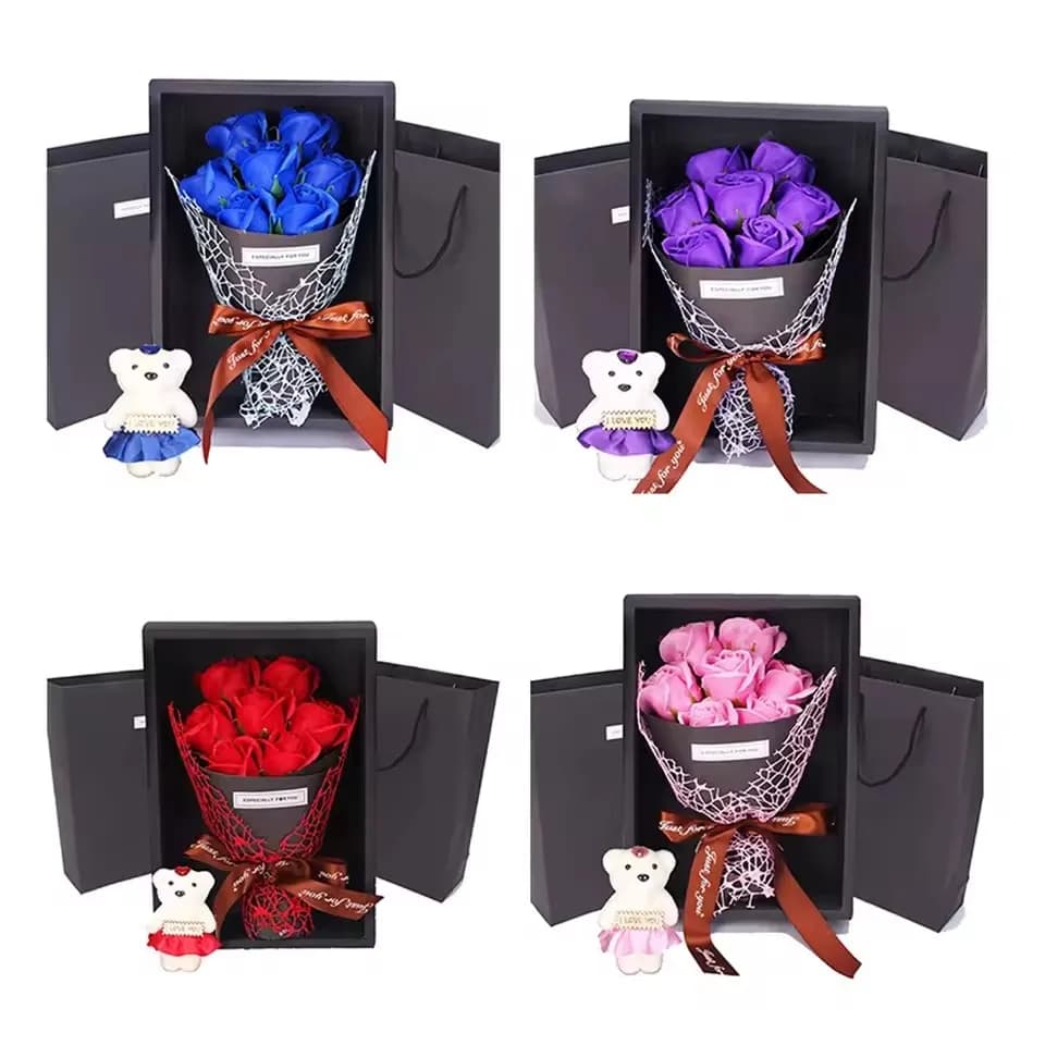 Fiori Artificiali per San Valentino, Bouquet di 7 Rose di Sapone in Confezione Regalo con Orsacchiotto, Regalo Creativo per San Valentino, Decorazione per la Casa